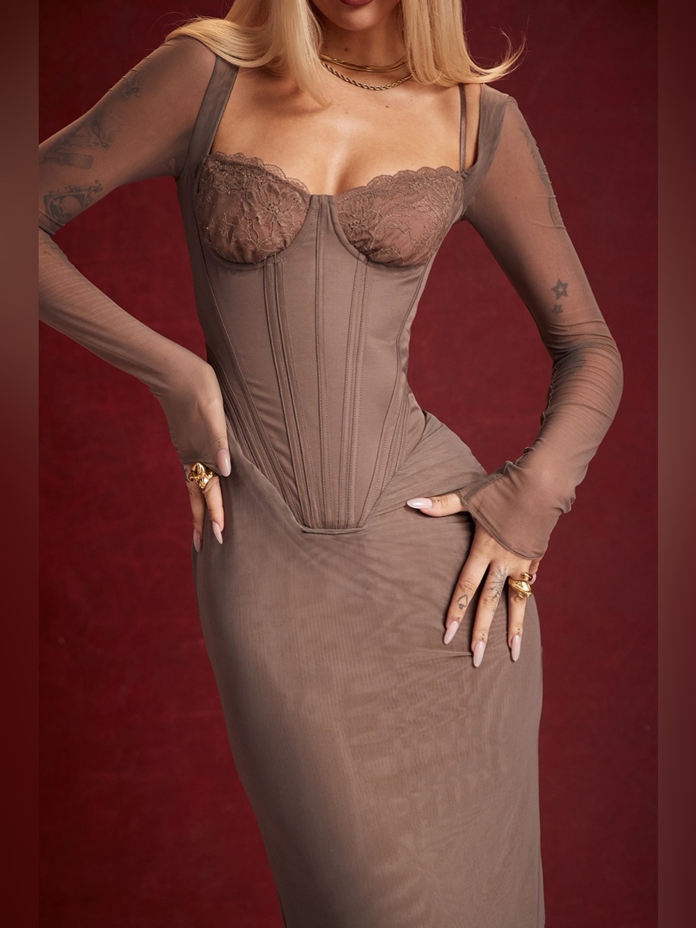 House of CB Safran Corset Midi Dress L Mocha Romantic Glamour
